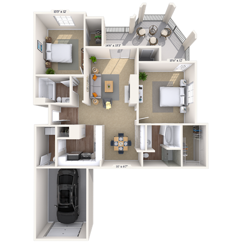 Floor plan for 2 beds, 2 baths, 1400 sqft